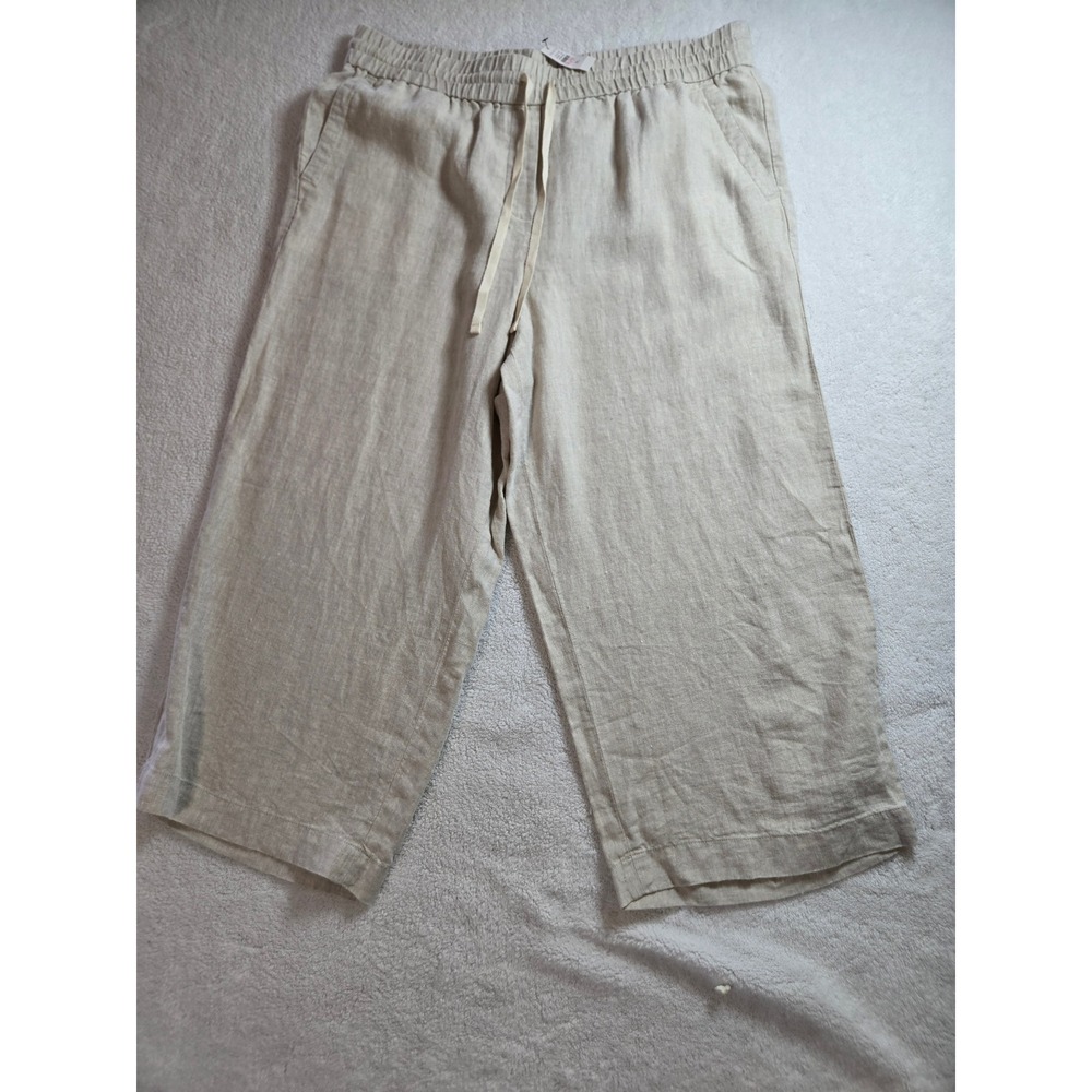 Talbots XL 100% Linen Wide Leg Crop Pants Oatmeal Beige Elastic Drawstring NEW